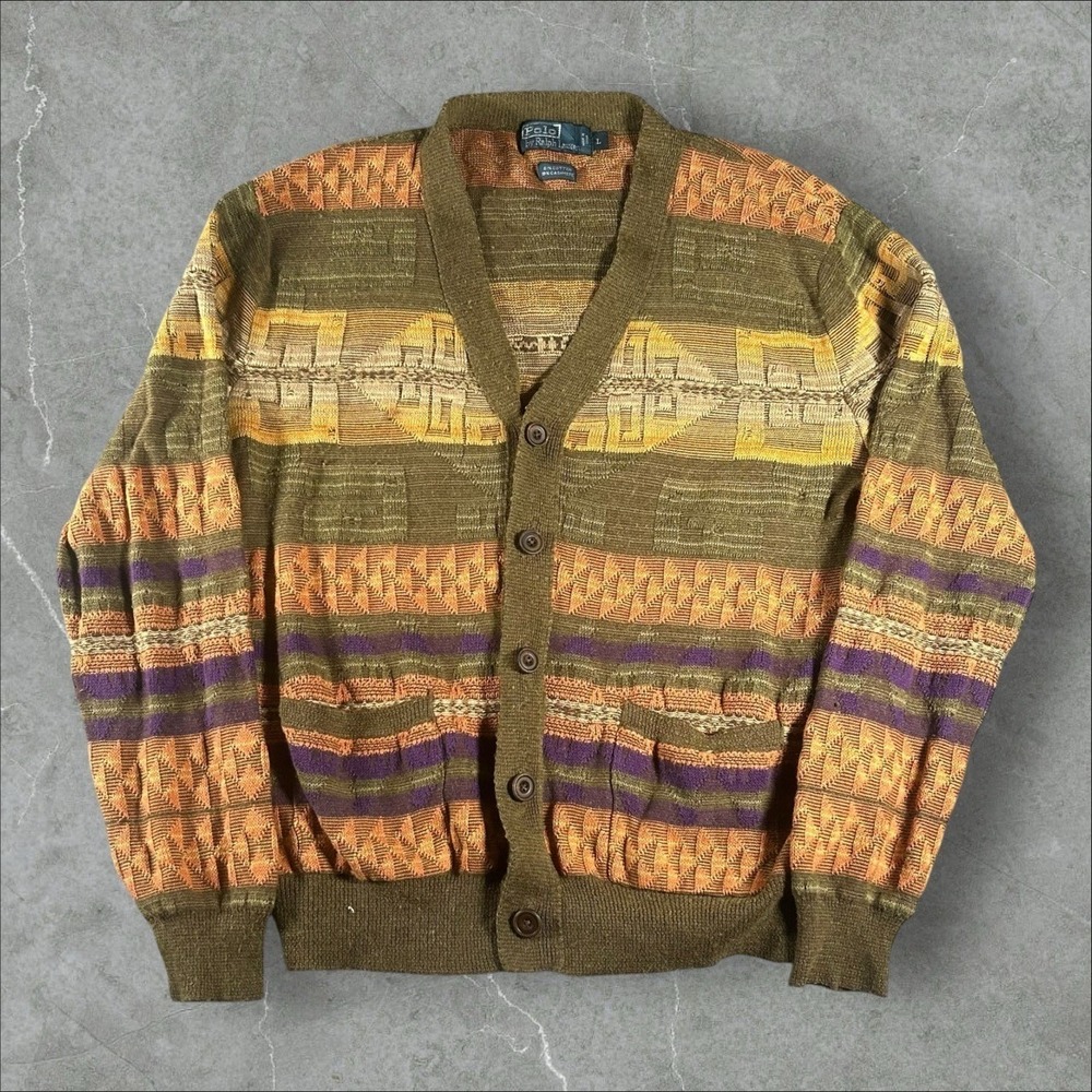 Vintage Polo Ralph Lauren Cardigan Mens Large Olive Aztec Southwestern Cashmere